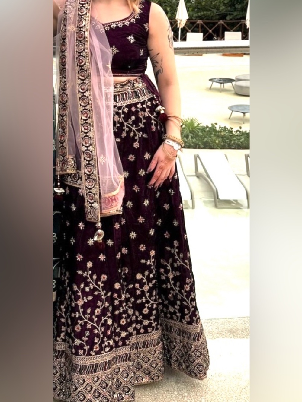Embroidered velvet Plum Lehenga Set with Blush Dupatta